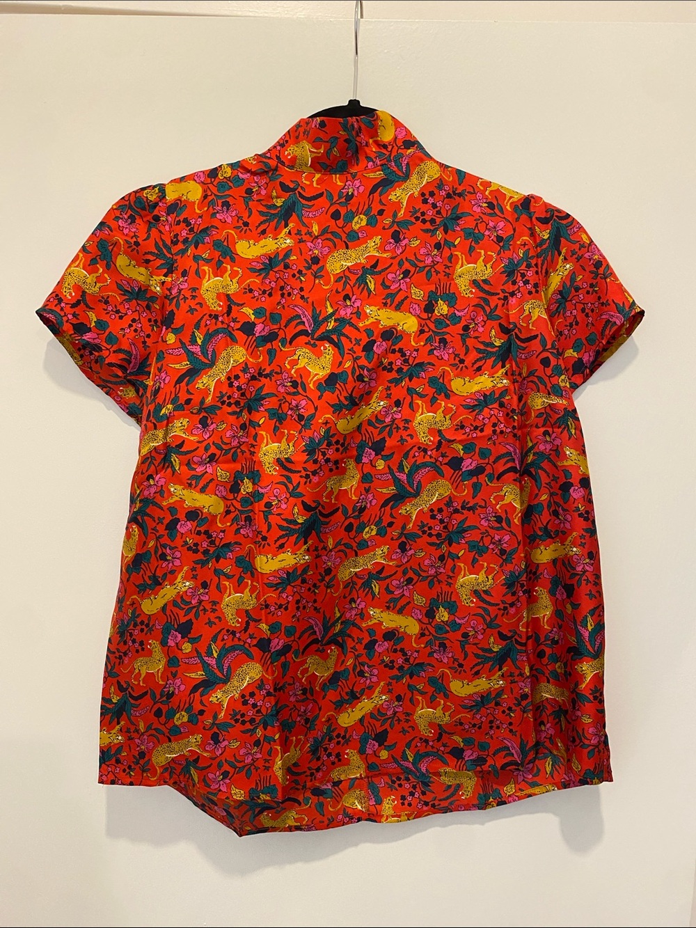 J. Crew Red Short Sleeve Button-Down with Yellow & Pink Floral Leopard Print